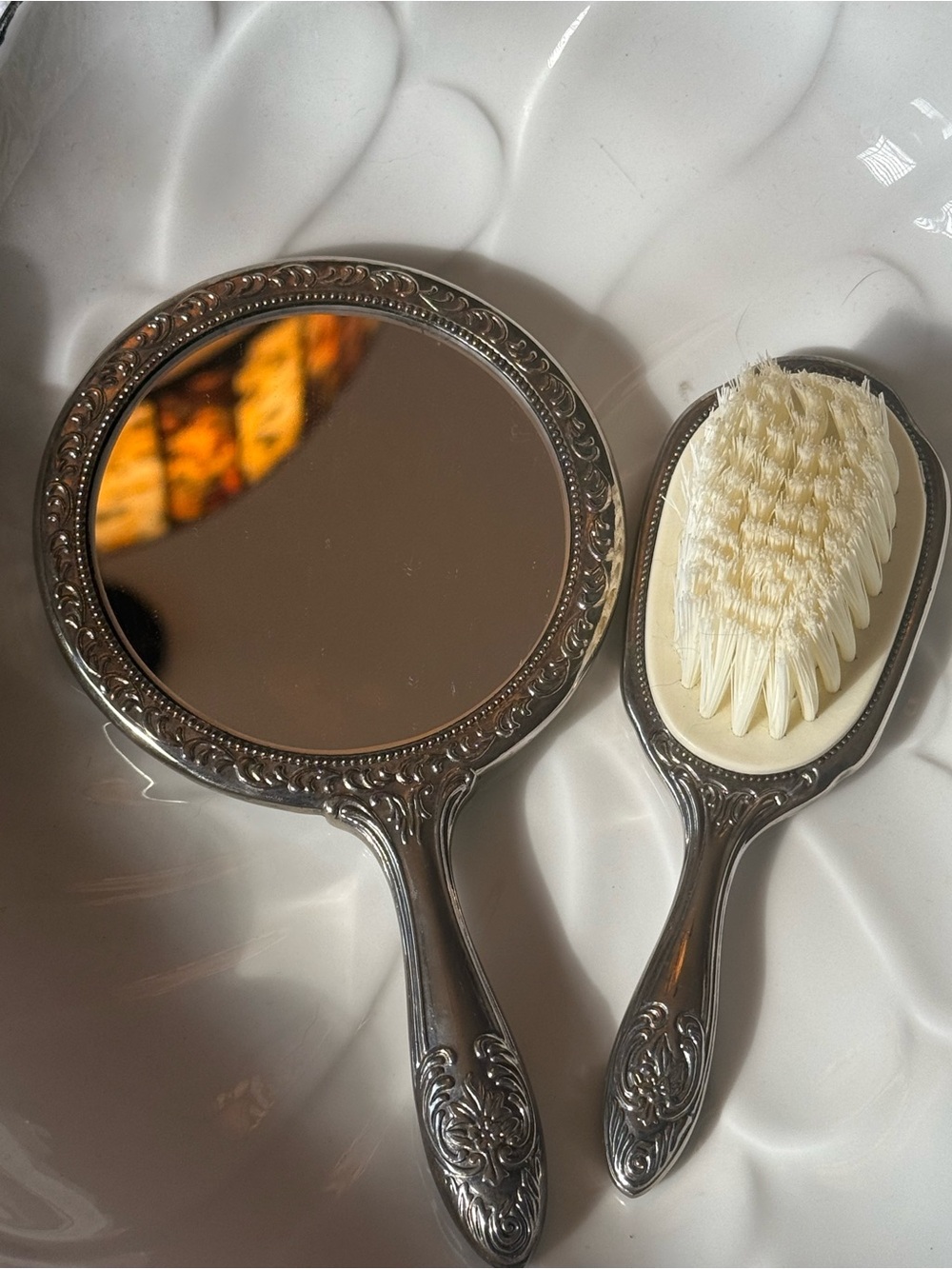 Vintage Ornate Sterling Silver Baby Vanity Set - Brush & Mirror - Picture 7 of 12